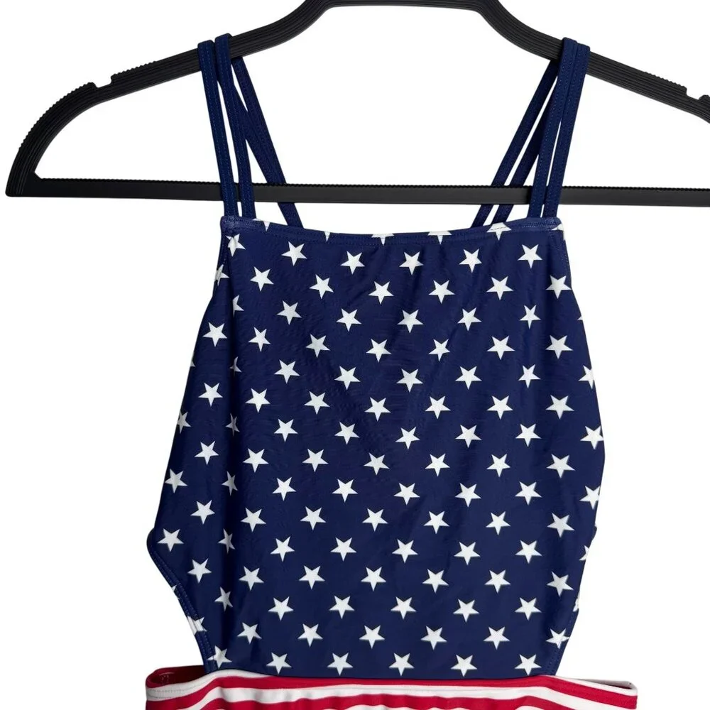 Okanu American Flag One Piece Swimsuit Stars & Stripes Cutout Design Girls Sz 16